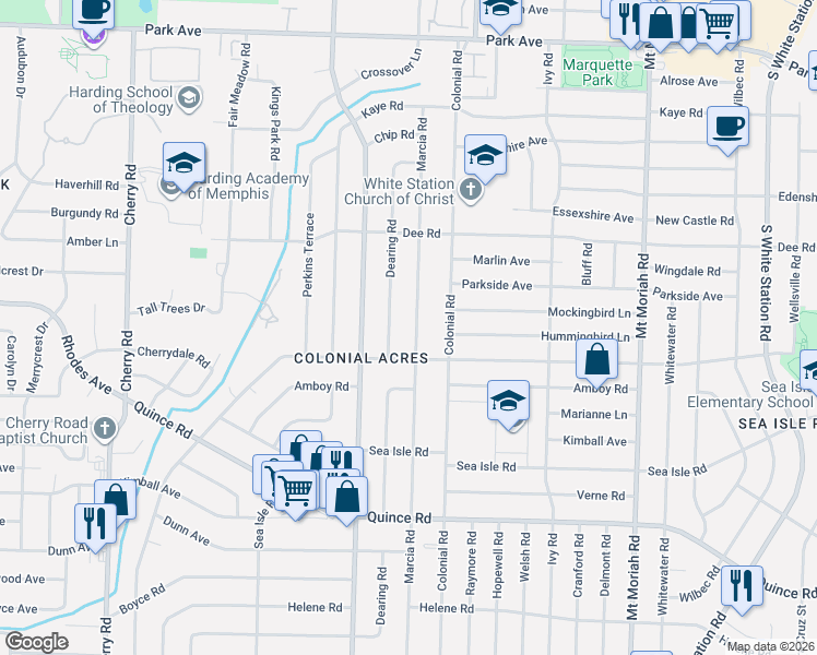 map of restaurants, bars, coffee shops, grocery stores, and more near 1270 Dearing Road in Memphis