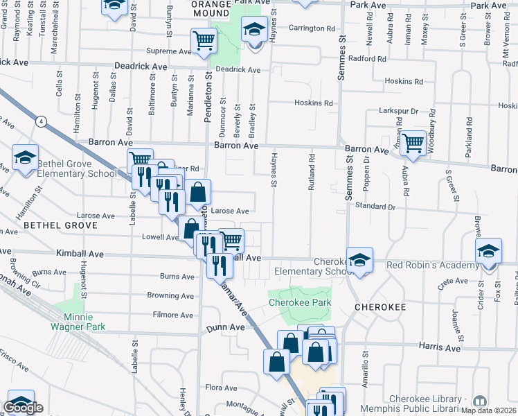 map of restaurants, bars, coffee shops, grocery stores, and more near 2869 Larose Avenue in Memphis
