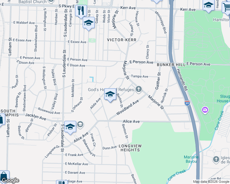 map of restaurants, bars, coffee shops, grocery stores, and more near 1603 Benton Street in Memphis