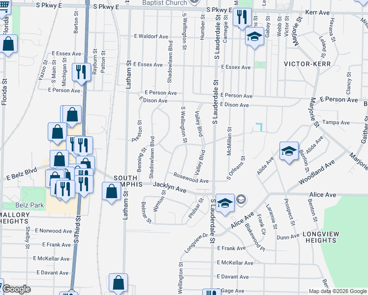 map of restaurants, bars, coffee shops, grocery stores, and more near 1836 South Wellington Street in Memphis