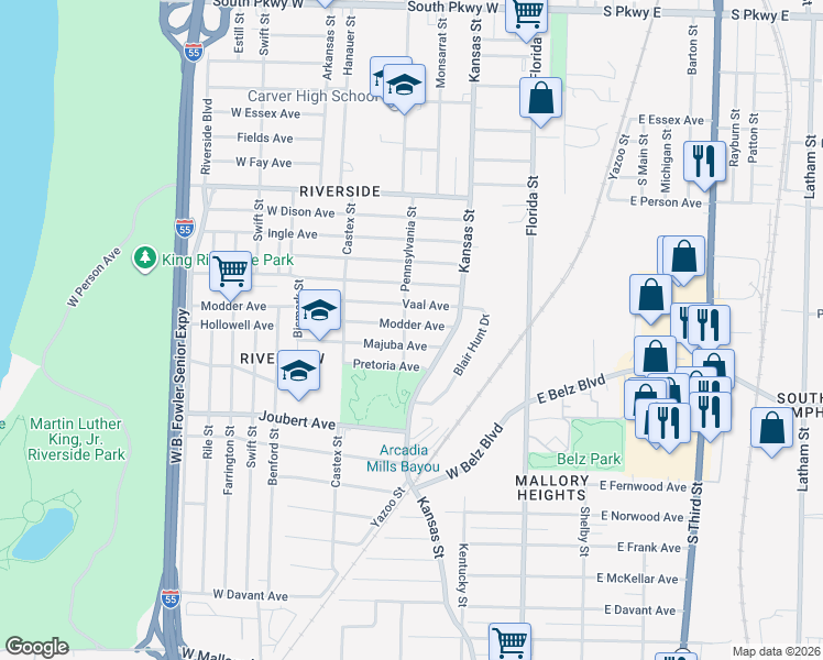 map of restaurants, bars, coffee shops, grocery stores, and more near 139 Majuba Avenue in Memphis