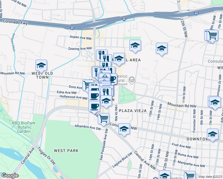 map of restaurants, bars, coffee shops, grocery stores, and more near 2000 Mountain Road Northwest in Albuquerque