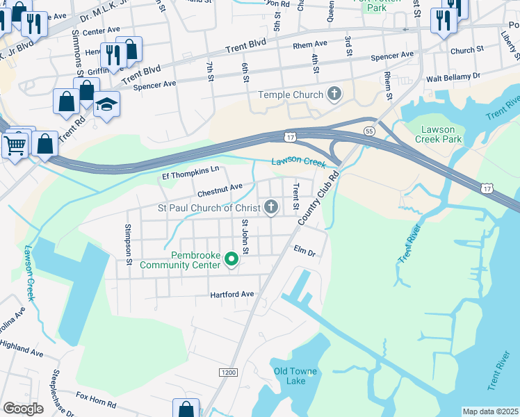 map of restaurants, bars, coffee shops, grocery stores, and more near 1801 McKinley Avenue in New Bern