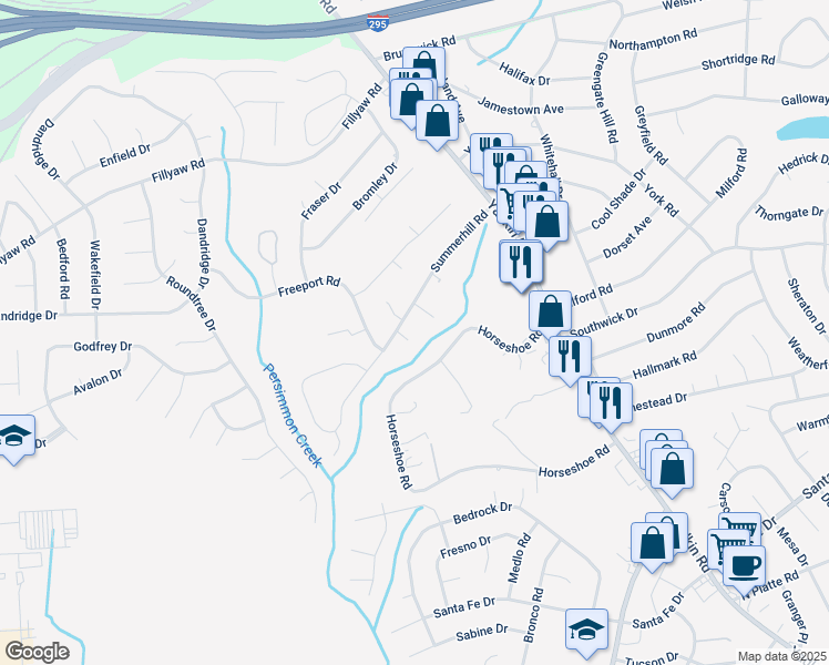 map of restaurants, bars, coffee shops, grocery stores, and more near 6413 Middlebury Place in Fayetteville