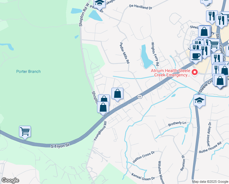 map of restaurants, bars, coffee shops, grocery stores, and more near 13979 Singleleaf Lane in Charlotte