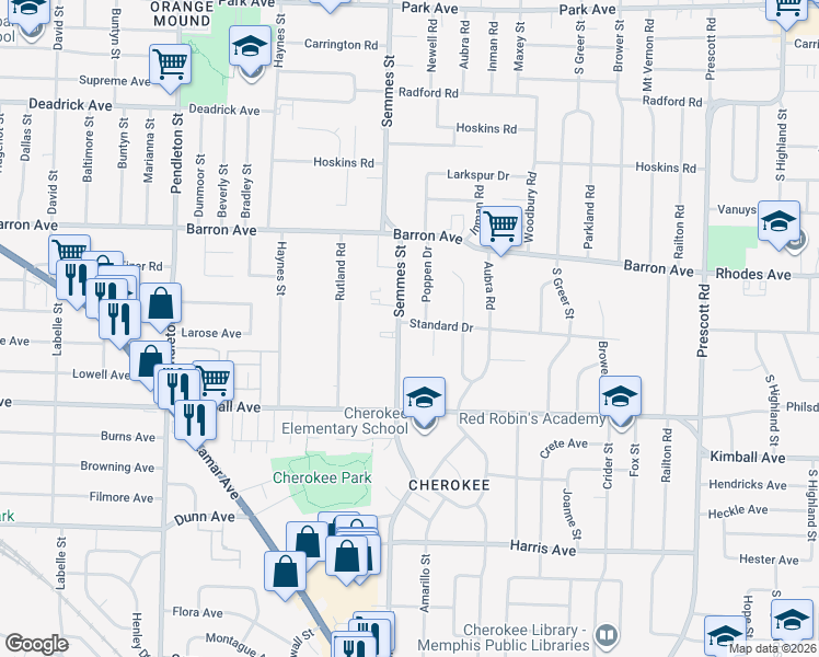 map of restaurants, bars, coffee shops, grocery stores, and more near 1272 Semmes Street in Memphis