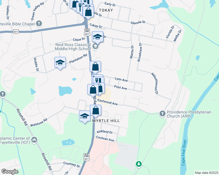 map of restaurants, bars, coffee shops, grocery stores, and more near 200 Post Avenue in Fayetteville