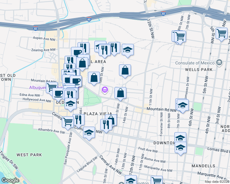 map of restaurants, bars, coffee shops, grocery stores, and more near 1523 Mountain Road Northwest in Albuquerque