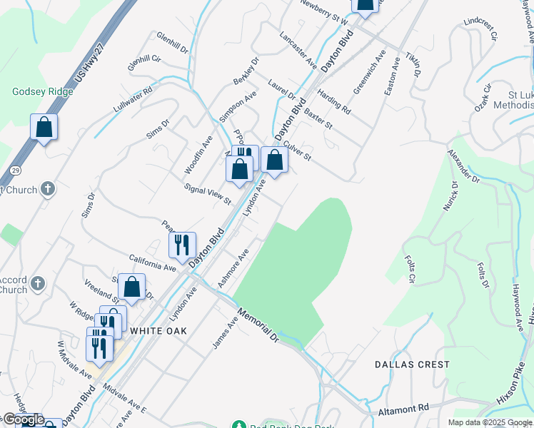 map of restaurants, bars, coffee shops, grocery stores, and more near 2423 Ashmore Avenue in Chattanooga
