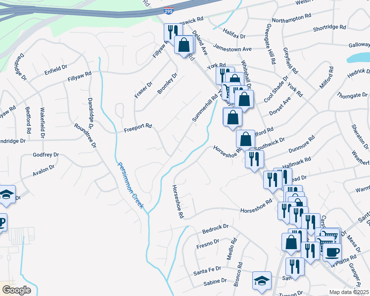 map of restaurants, bars, coffee shops, grocery stores, and more near 6413 Middlebury Place in Fayetteville