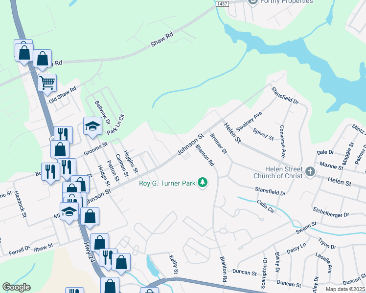 map of restaurants, bars, coffee shops, grocery stores, and more near 615 Johnson Street in Fayetteville