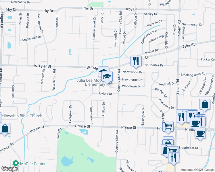 map of restaurants, bars, coffee shops, grocery stores, and more near 1301 Country Club Road in Conway