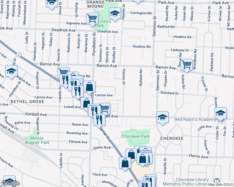 map of restaurants, bars, coffee shops, grocery stores, and more near 2869 Larose Avenue in Memphis