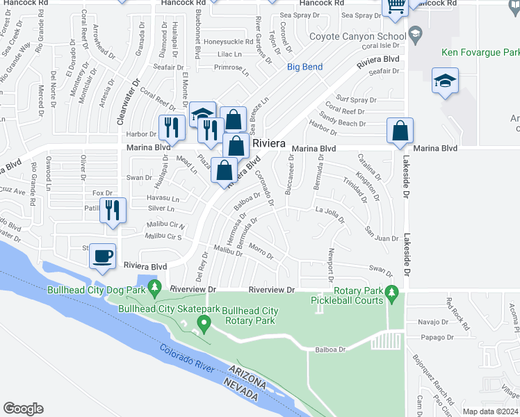 map of restaurants, bars, coffee shops, grocery stores, and more near 2098 Hermosa Drive in Bullhead City
