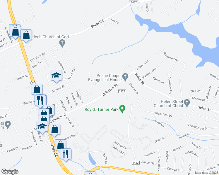 map of restaurants, bars, coffee shops, grocery stores, and more near 613 Johnson Street in Fayetteville