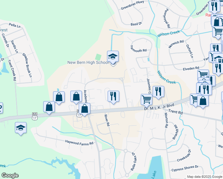 map of restaurants, bars, coffee shops, grocery stores, and more near 4030 Arbor Green Way in New Bern
