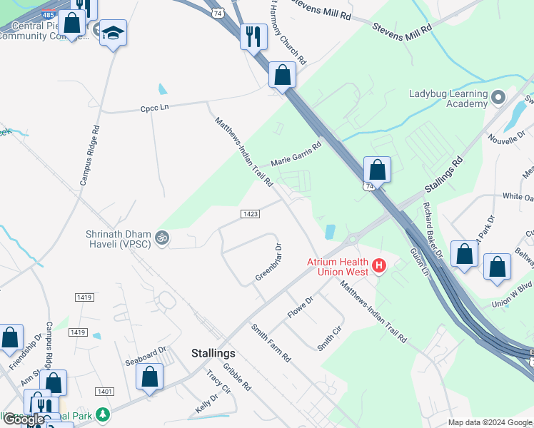 map of restaurants, bars, coffee shops, grocery stores, and more near 1302 Vickie Lane in Matthews