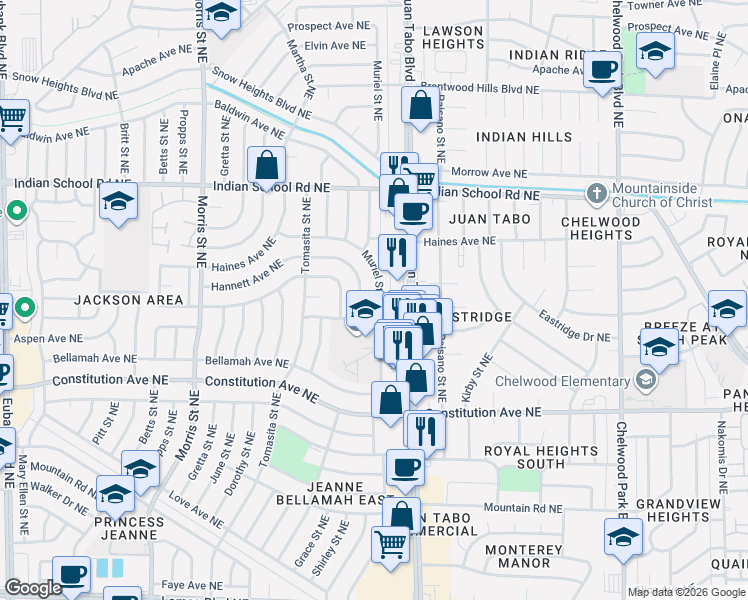 map of restaurants, bars, coffee shops, grocery stores, and more near 1500 Muriel Street Northeast in Albuquerque