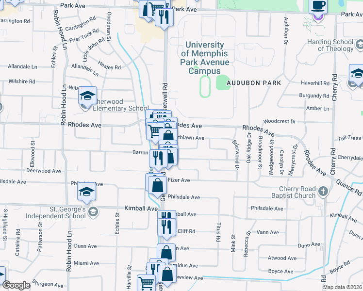 map of restaurants, bars, coffee shops, grocery stores, and more near 1282 Dogwood Drive in Memphis