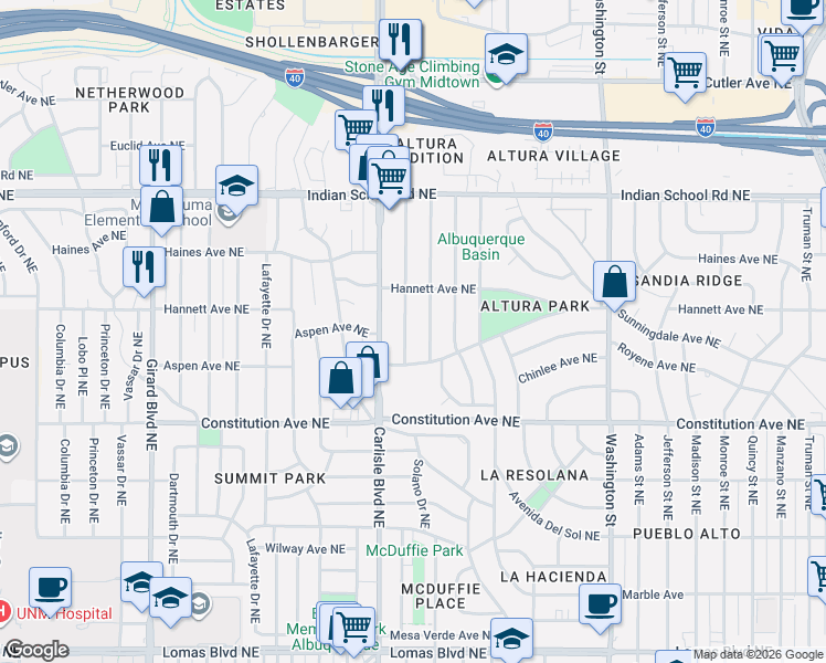 map of restaurants, bars, coffee shops, grocery stores, and more near 1511 Hermosa Drive Northeast in Albuquerque