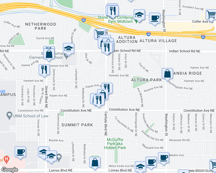 map of restaurants, bars, coffee shops, grocery stores, and more near 1511 Hermosa Drive Northeast in Albuquerque
