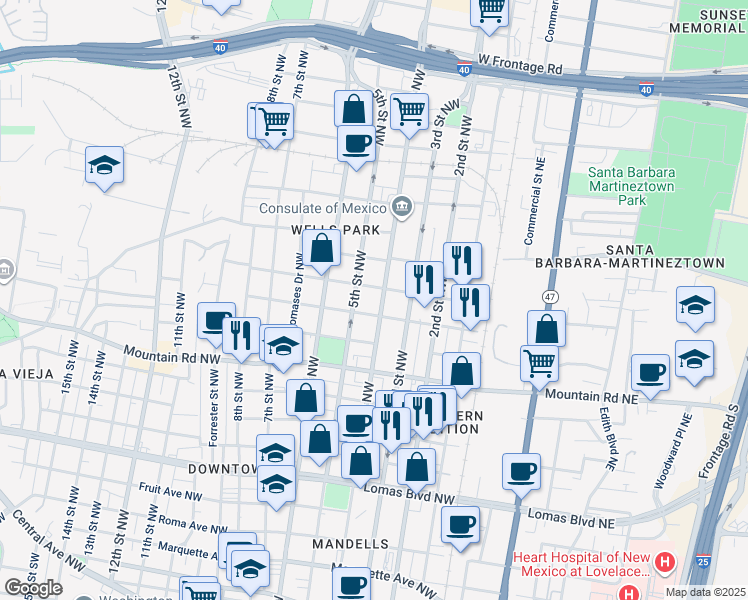 map of restaurants, bars, coffee shops, grocery stores, and more near 424 Summer Avenue Northwest in Albuquerque