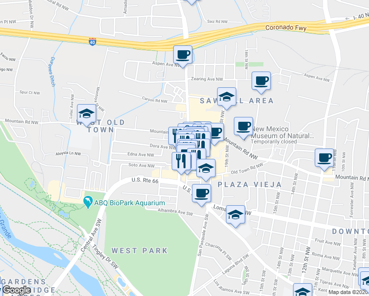 map of restaurants, bars, coffee shops, grocery stores, and more near 310 Rio Grande Boulevard Northwest in Albuquerque