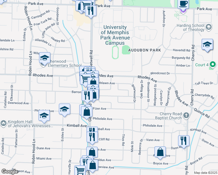 map of restaurants, bars, coffee shops, grocery stores, and more near 1258 Dogwood Drive in Memphis