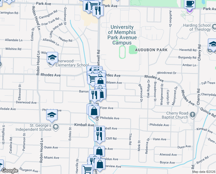 map of restaurants, bars, coffee shops, grocery stores, and more near 1282 Dogwood Drive in Memphis