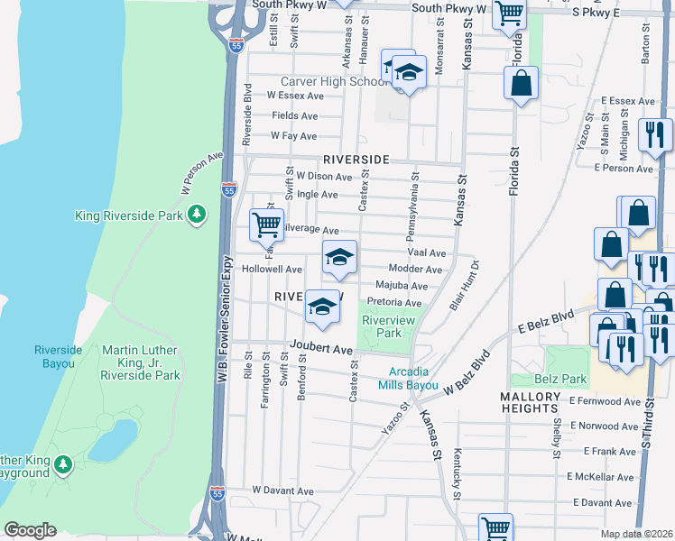 map of restaurants, bars, coffee shops, grocery stores, and more near 231 Majuba Avenue in Memphis