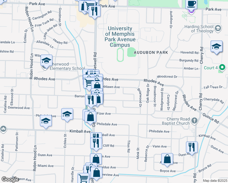 map of restaurants, bars, coffee shops, grocery stores, and more near 1258 Dogwood Drive in Memphis