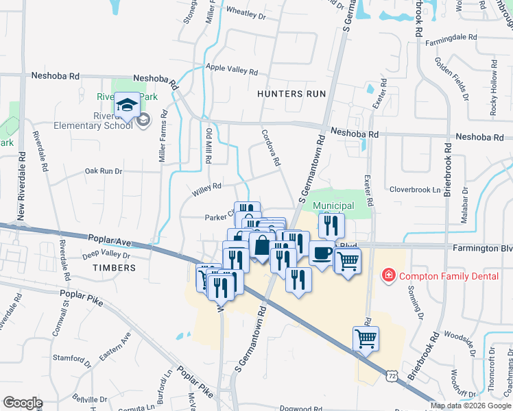 map of restaurants, bars, coffee shops, grocery stores, and more near 7604 Ashworth Road in Germantown