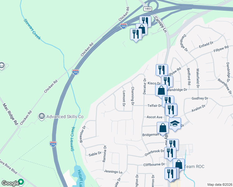 map of restaurants, bars, coffee shops, grocery stores, and more near 283 Lemont Drive in Fayetteville