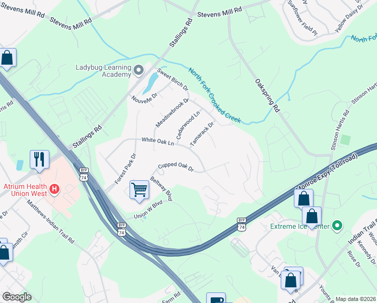 map of restaurants, bars, coffee shops, grocery stores, and more near 160 Cupped Oak Drive in Stallings