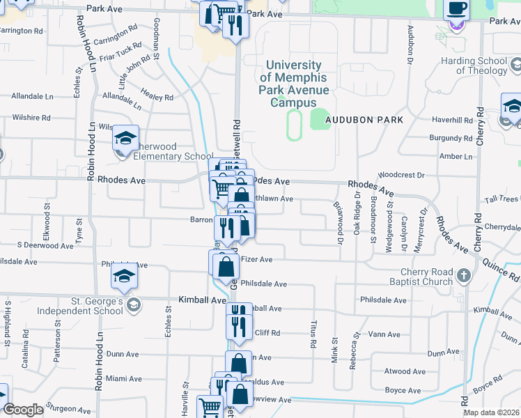 map of restaurants, bars, coffee shops, grocery stores, and more near 1282 Dogwood Drive in Memphis