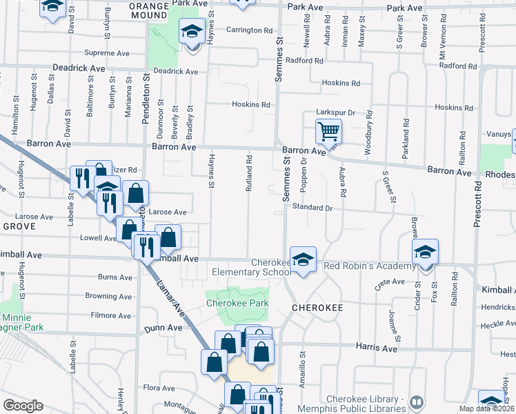map of restaurants, bars, coffee shops, grocery stores, and more near 1286 Rutland Road in Memphis