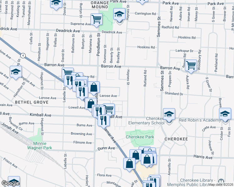 map of restaurants, bars, coffee shops, grocery stores, and more near 2869 Larose Avenue in Memphis