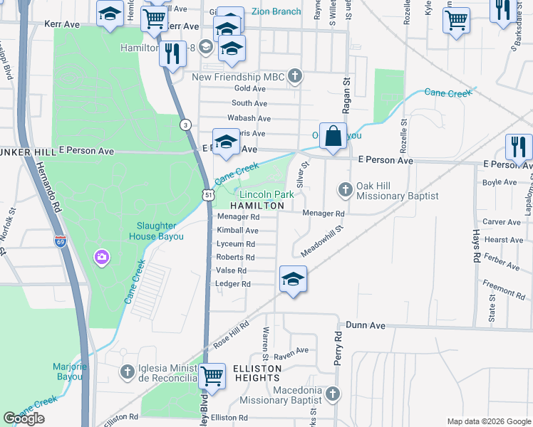 map of restaurants, bars, coffee shops, grocery stores, and more near 1440 Kimball Avenue in Memphis