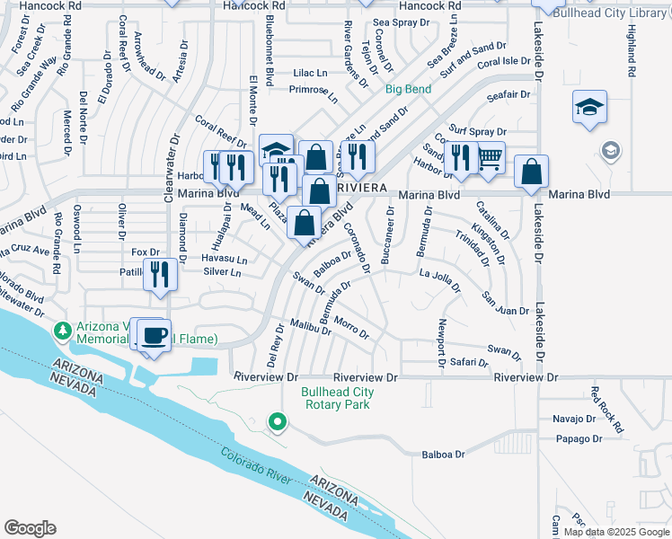 map of restaurants, bars, coffee shops, grocery stores, and more near 2115 Bermuda Drive in Bullhead City