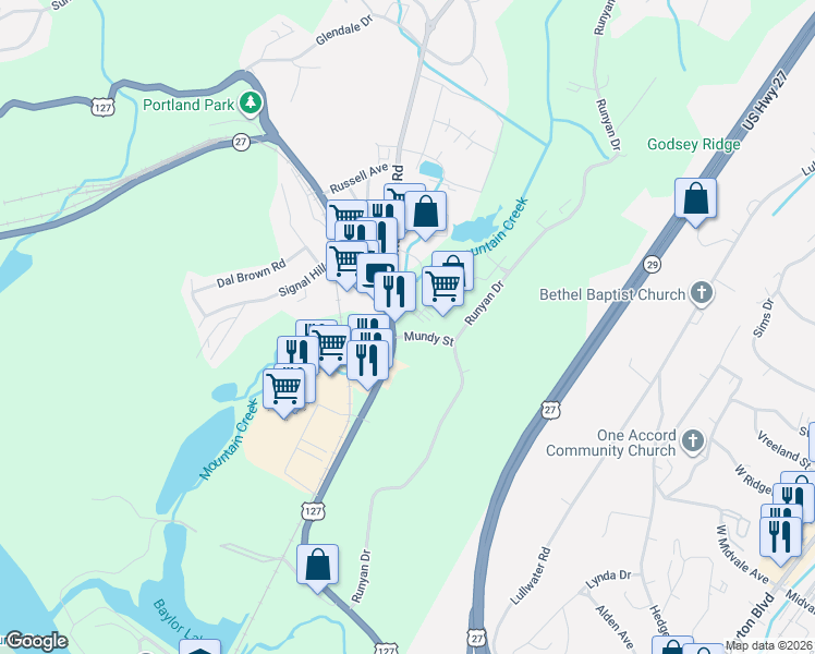 map of restaurants, bars, coffee shops, grocery stores, and more near 676 Signal Mountain Blvd in Chattanooga