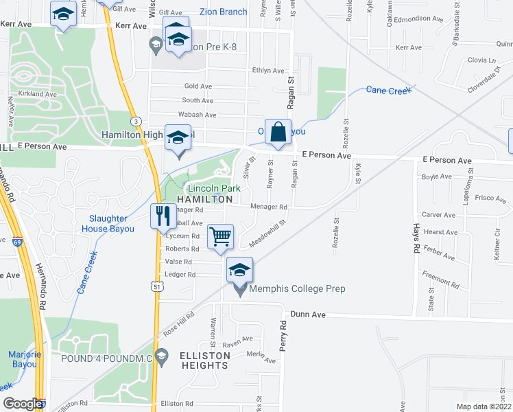 map of restaurants, bars, coffee shops, grocery stores, and more near Menager Rd & Westmore St in Memphis