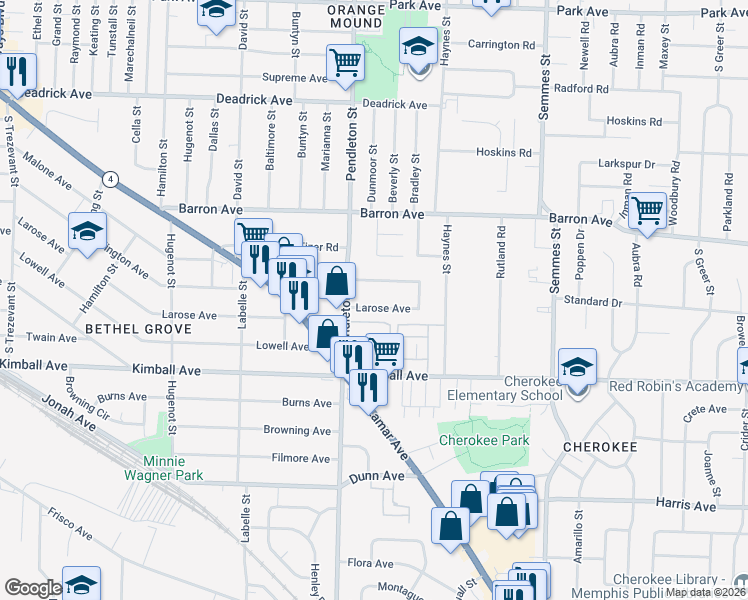 map of restaurants, bars, coffee shops, grocery stores, and more near 2825 Larose Avenue in Memphis