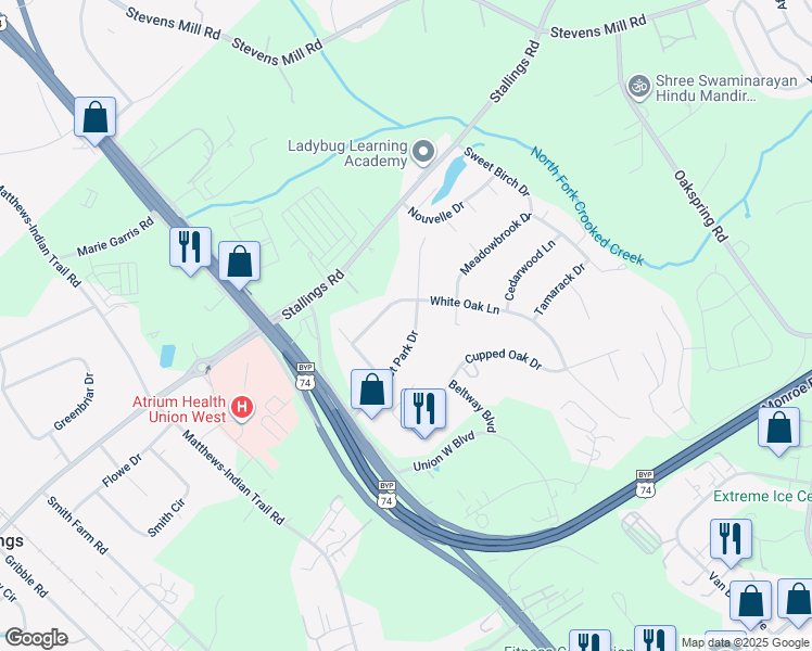 map of restaurants, bars, coffee shops, grocery stores, and more near 211 Forest Park Road in Matthews