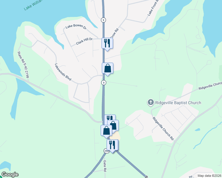 map of restaurants, bars, coffee shops, grocery stores, and more near 7520 South Carolina 9 in Inman