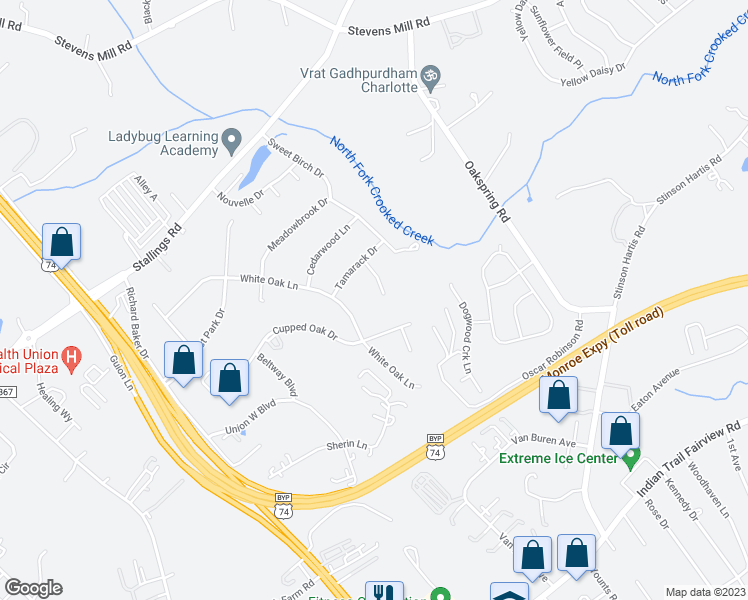 map of restaurants, bars, coffee shops, grocery stores, and more near 624 Pepper Ann Lane in Matthews