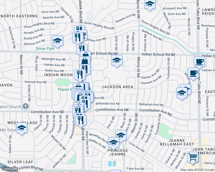 map of restaurants, bars, coffee shops, grocery stores, and more near 10516 Princess Jeanne Avenue Northeast in Albuquerque