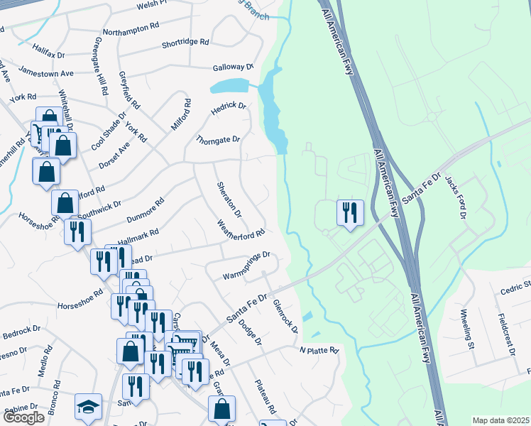 map of restaurants, bars, coffee shops, grocery stores, and more near 5705 Weatherford Road in Fayetteville