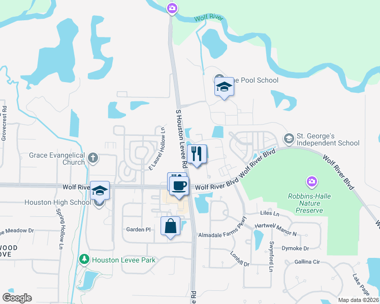 map of restaurants, bars, coffee shops, grocery stores, and more near 2100 West Dogwood Creek Drive in Collierville