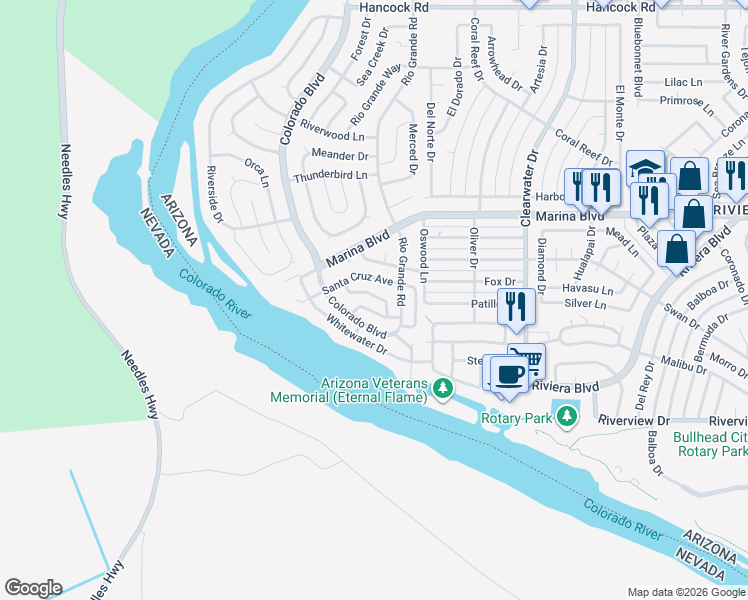 map of restaurants, bars, coffee shops, grocery stores, and more near 2110 Colorado Boulevard in Bullhead City
