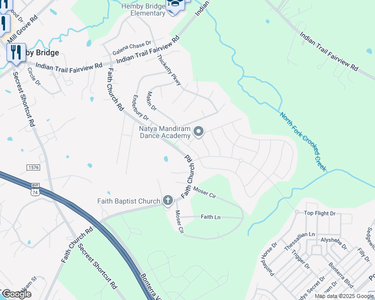 map of restaurants, bars, coffee shops, grocery stores, and more near 4421 Faith Church Road in Indian Trail